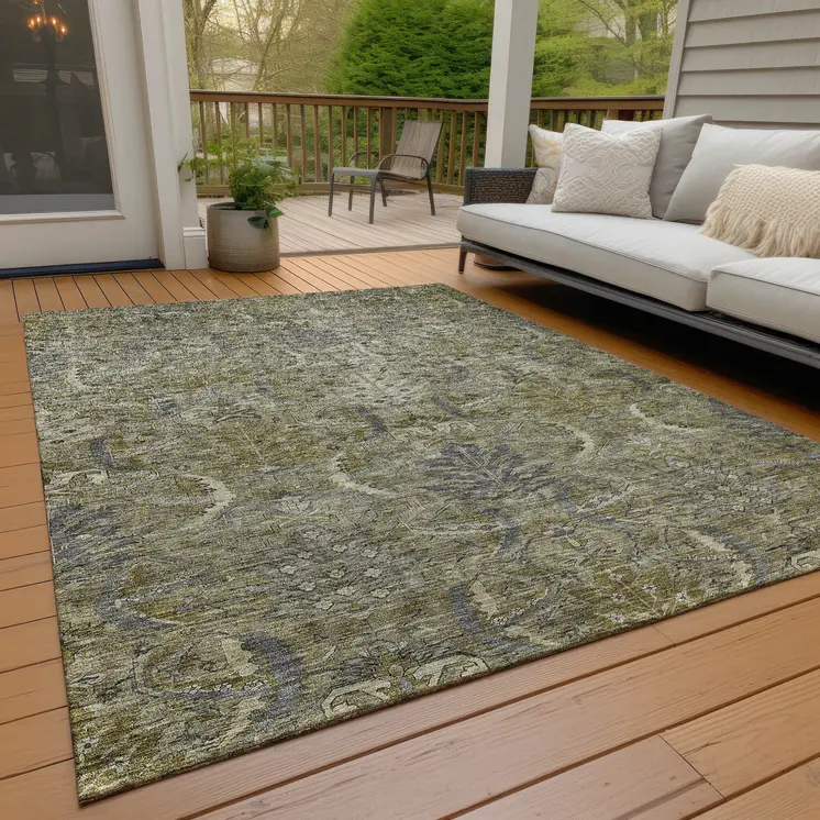 5' X 8' Taupe And Gray Damask Washable Indoor Outdoor Area Rug