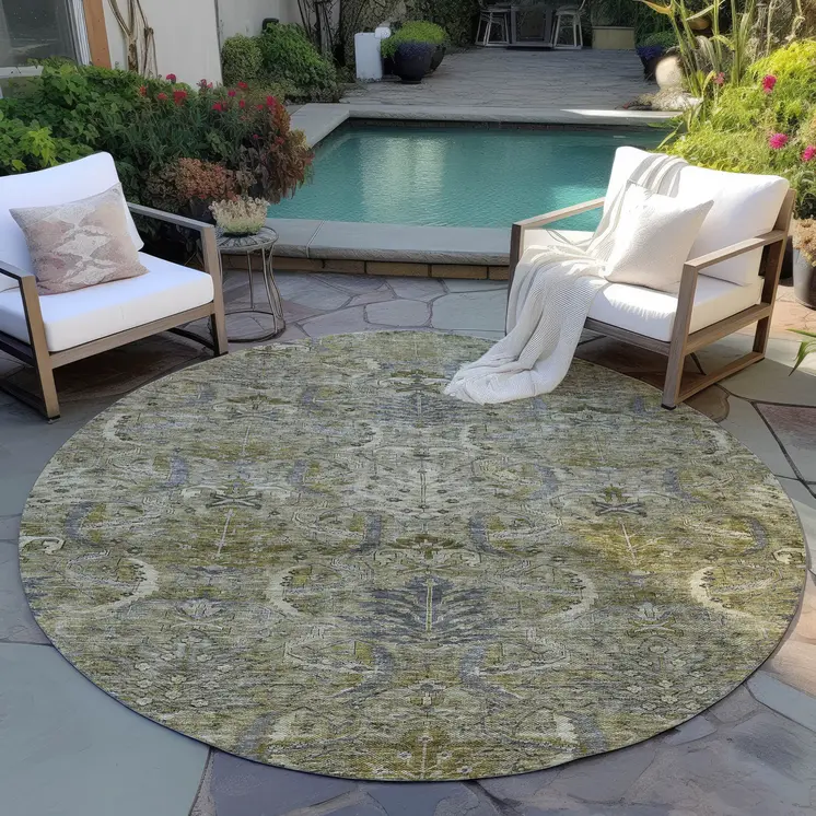 8' Taupe And Gray Round Damask Washable Indoor Outdoor Area Rug