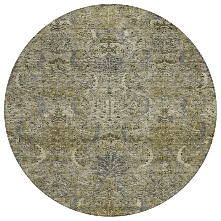 8' Taupe And Gray Round Damask Washable Indoor Outdoor Area Rug