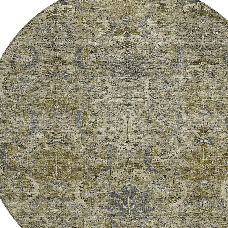 8' Taupe And Gray Round Damask Washable Indoor Outdoor Area Rug