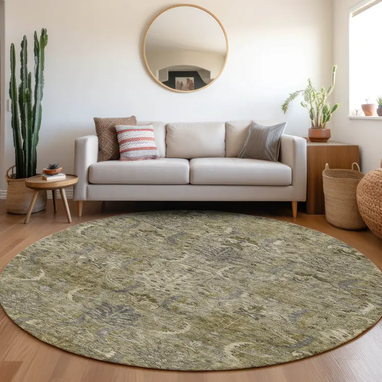 8' Taupe And Gray Round Damask Washable Indoor Outdoor Area Rug