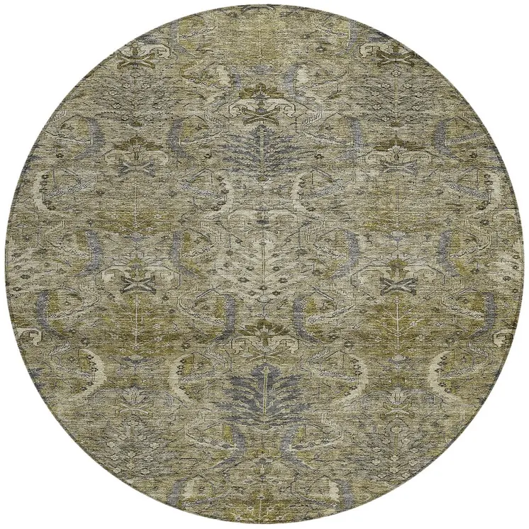 8' Taupe And Gray Round Damask Washable Indoor Outdoor Area Rug