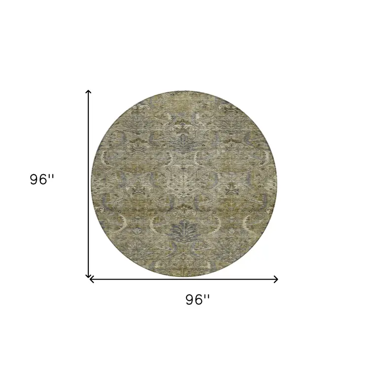 8' Taupe And Gray Round Damask Washable Indoor Outdoor Area Rug