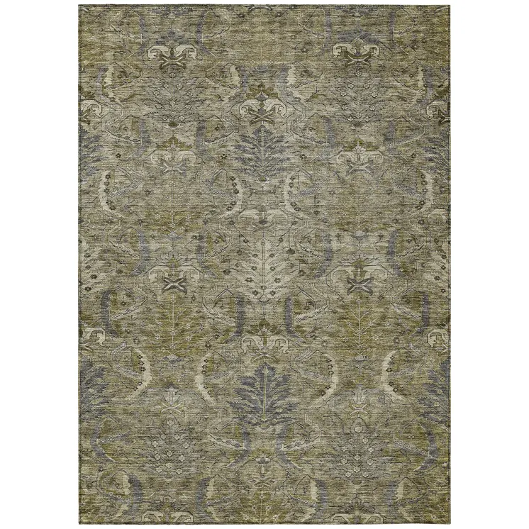 8' X 10' Taupe And Gray Damask Washable Indoor Outdoor Area Rug