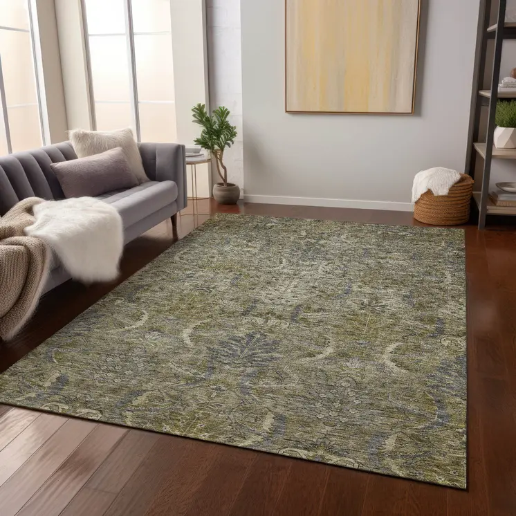 8' X 10' Taupe And Gray Damask Washable Indoor Outdoor Area Rug