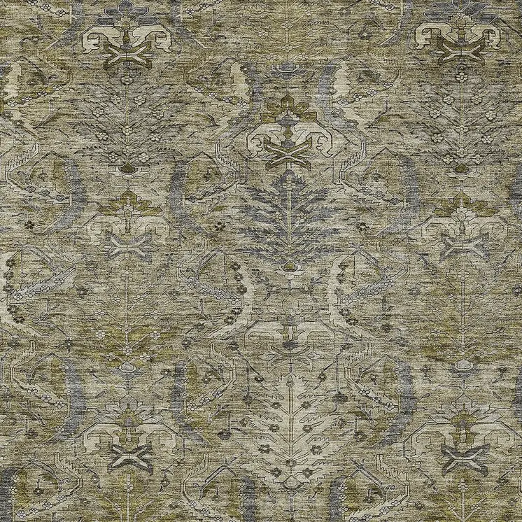 9' X 12' Taupe And Gray Damask Washable Indoor Outdoor Area Rug