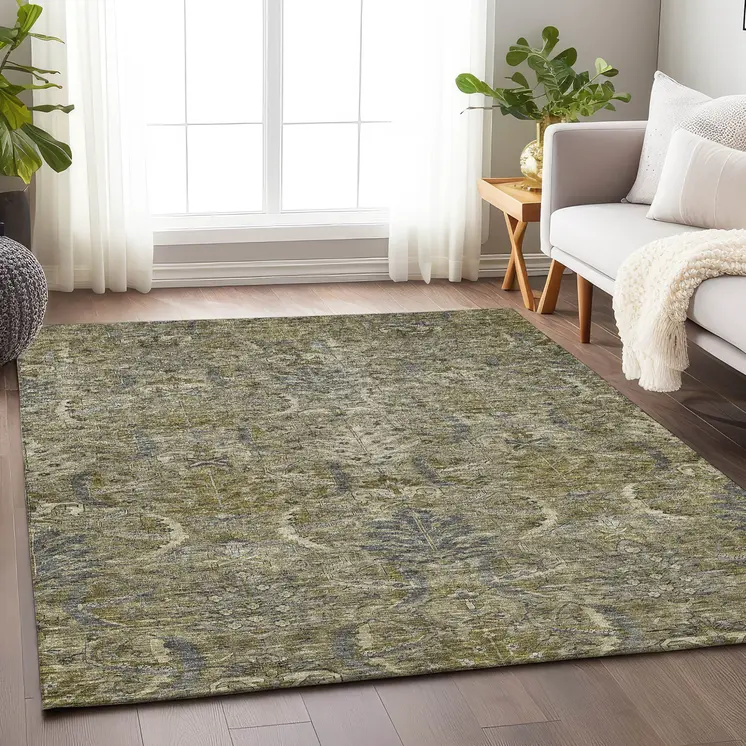 10' X 14' Taupe And Gray Damask Washable Indoor Outdoor Area Rug