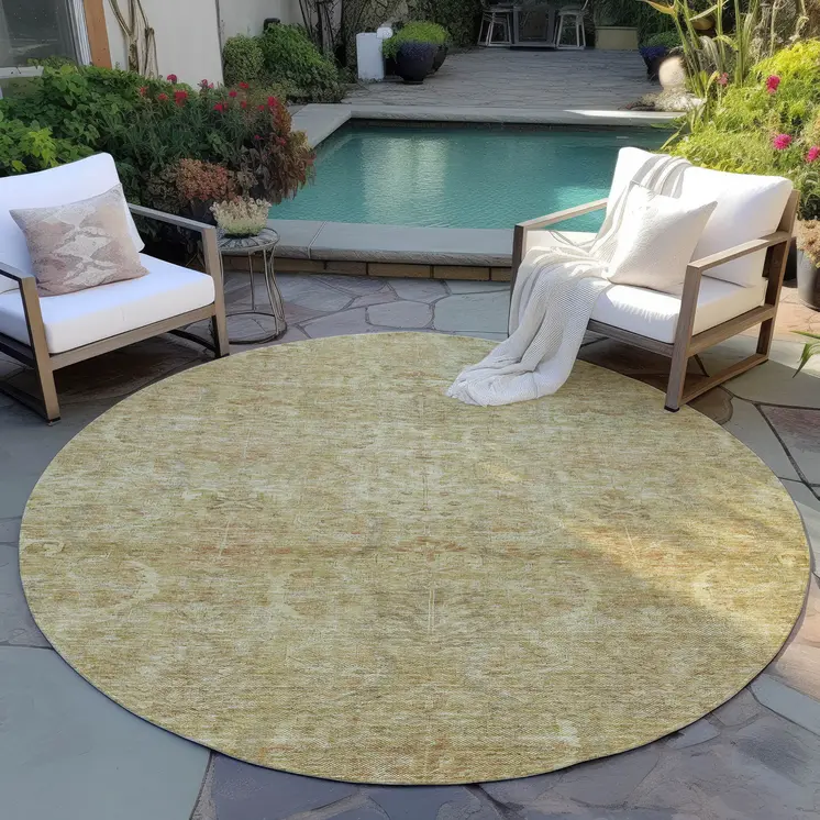 8' Wheat And Light Brown Round Damask Washable Indoor Outdoor Area Rug