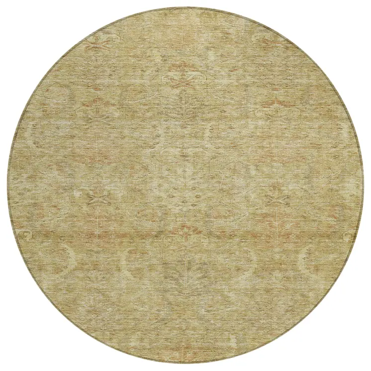8' Wheat And Light Brown Round Damask Washable Indoor Outdoor Area Rug