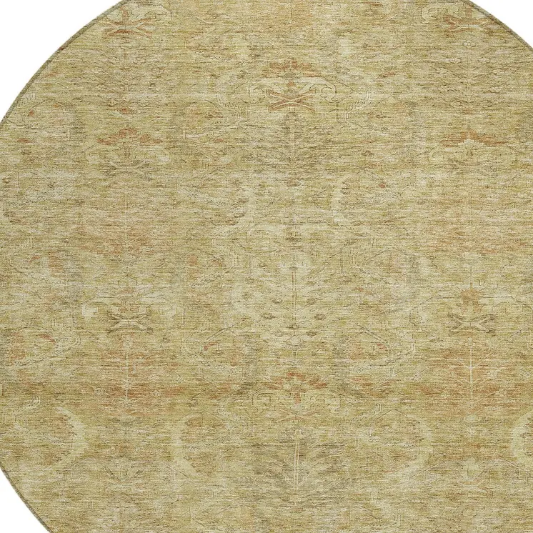 8' Wheat And Light Brown Round Damask Washable Indoor Outdoor Area Rug