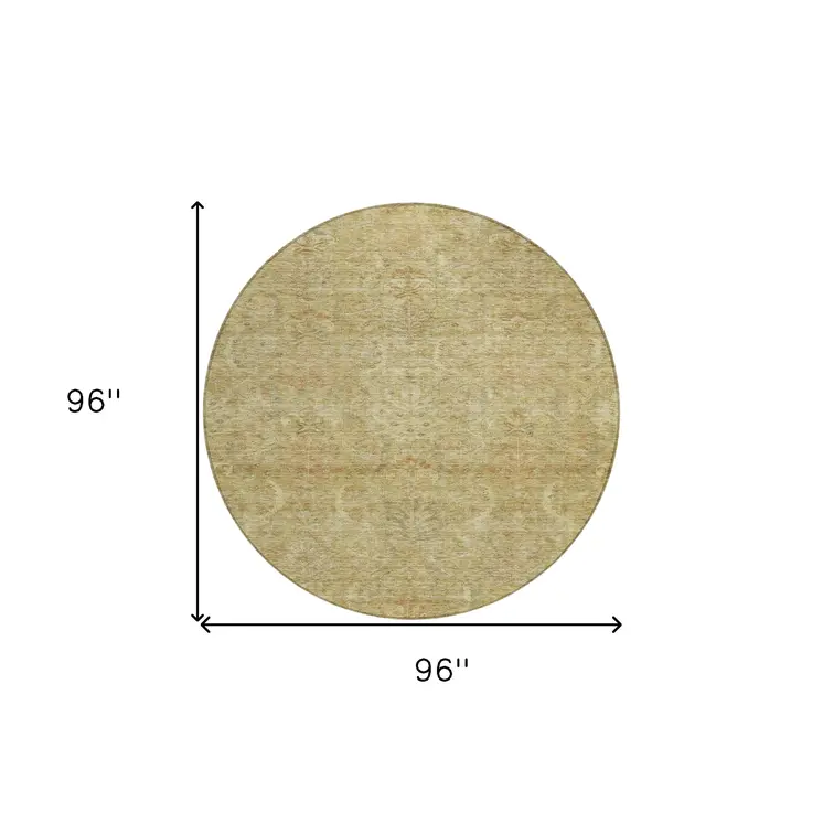 8' Wheat And Light Brown Round Damask Washable Indoor Outdoor Area Rug