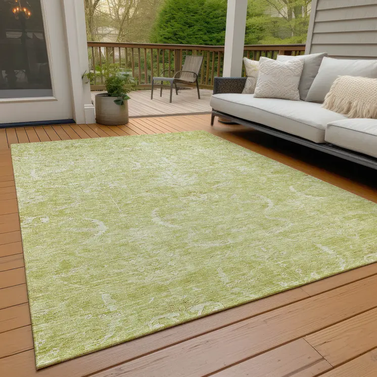 3' X 5' Artichoke Green And Ivory Damask Washable Indoor Outdoor Area Rug