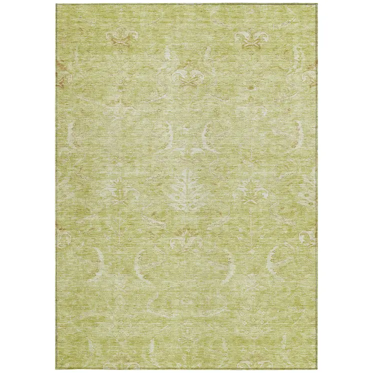 5' X 8' Artichoke Green And Ivory Damask Washable Indoor Outdoor Area Rug