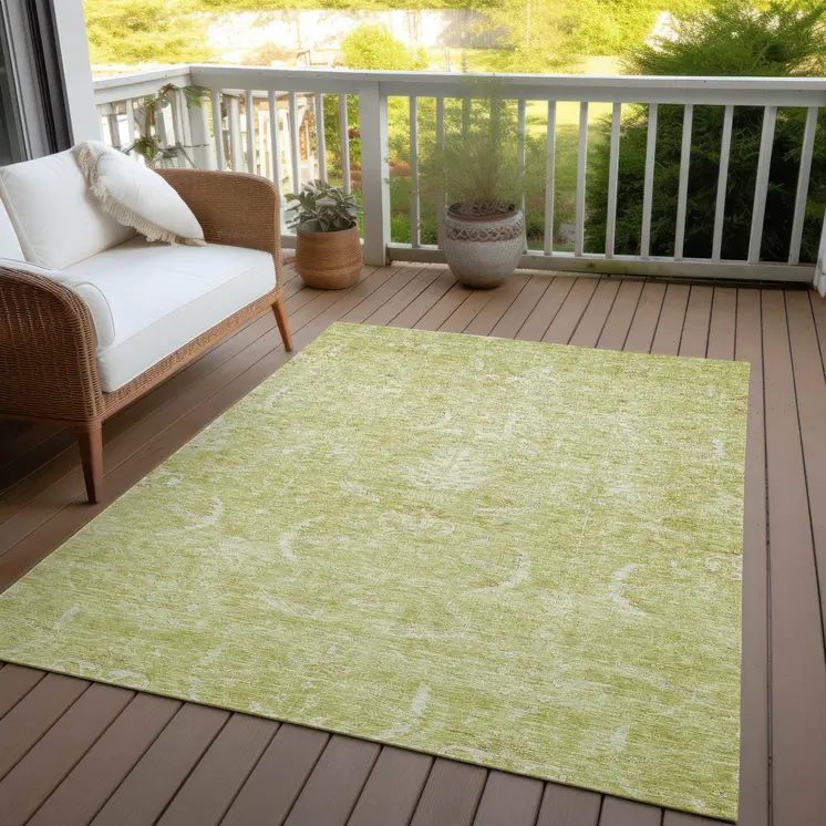5' X 8' Artichoke Green And Ivory Damask Washable Indoor Outdoor Area Rug
