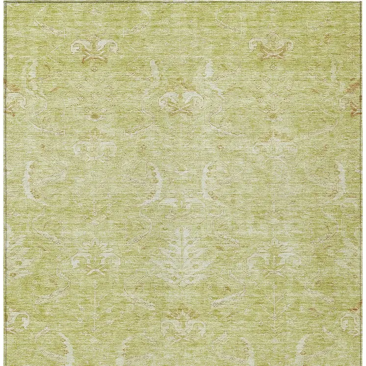 5' X 8' Artichoke Green And Ivory Damask Washable Indoor Outdoor Area Rug