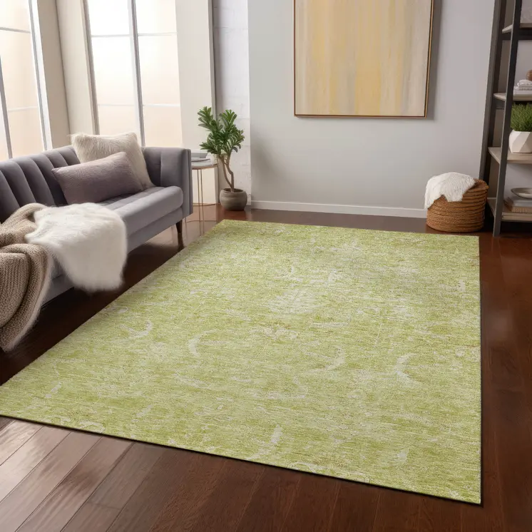 5' X 8' Artichoke Green And Ivory Damask Washable Indoor Outdoor Area Rug
