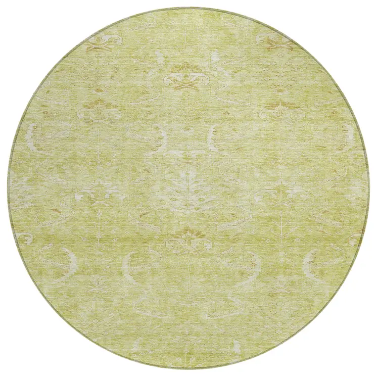8' Artichoke Green And Ivory Round Damask Washable Indoor Outdoor Area Rug