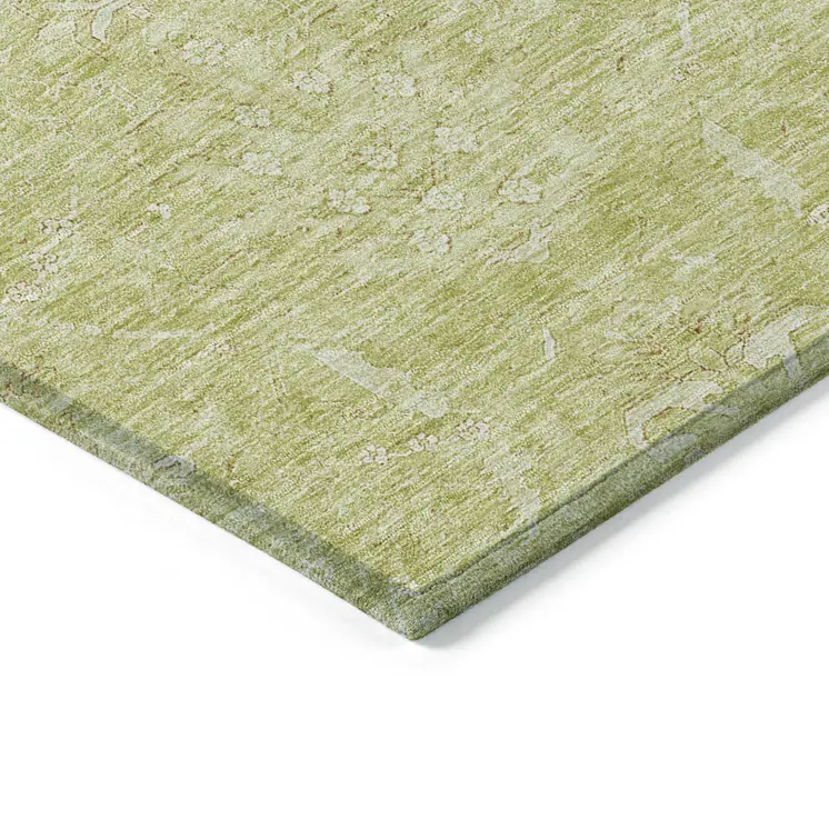 8' Artichoke Green And Ivory Round Damask Washable Indoor Outdoor Area Rug