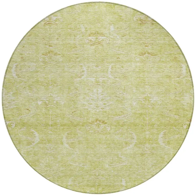 8' Artichoke Green And Ivory Round Damask Washable Indoor Outdoor Area Rug