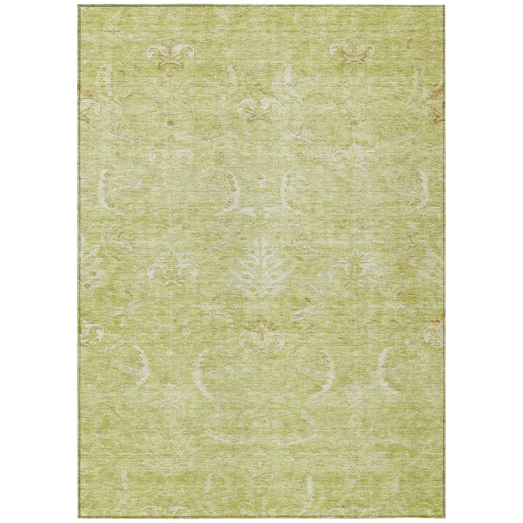 9' X 12' Artichoke Green And Ivory Damask Washable Indoor Outdoor Area Rug