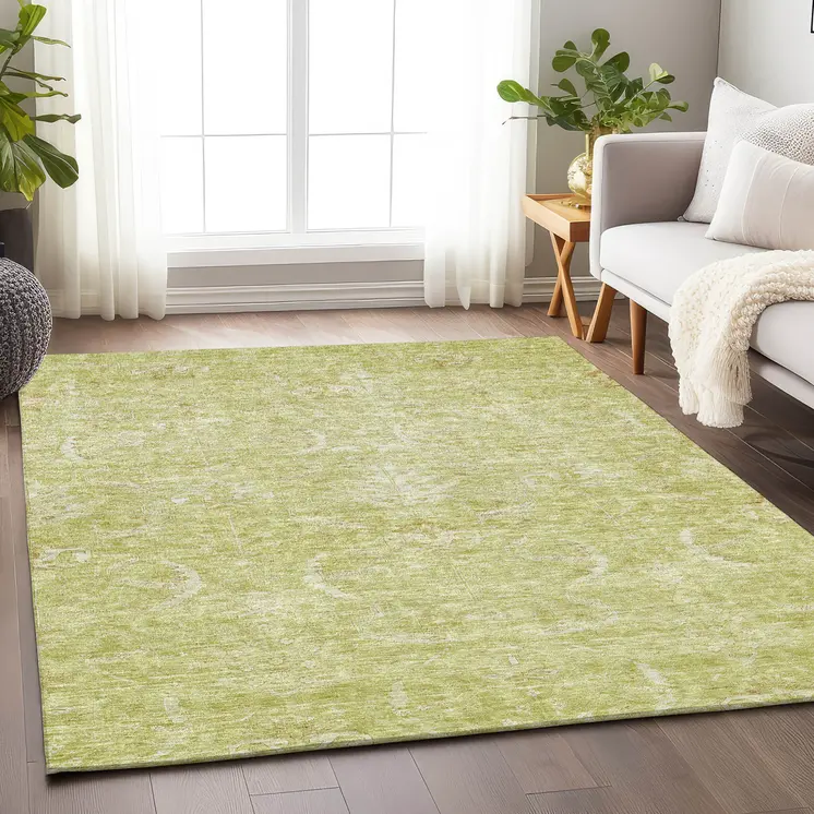 9' X 12' Artichoke Green And Ivory Damask Washable Indoor Outdoor Area Rug