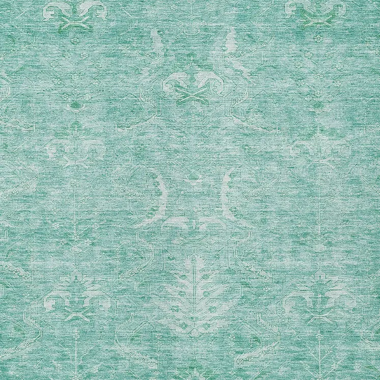 3' X 5' Aqua And Ivory Damask Washable Indoor Outdoor Area Rug