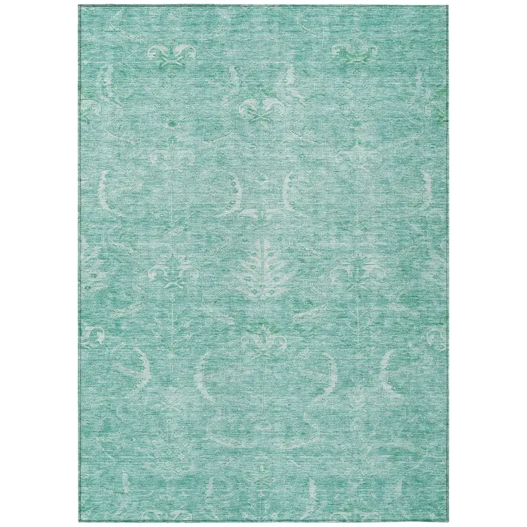 5' X 8' Aqua And Ivory Damask Washable Indoor Outdoor Area Rug