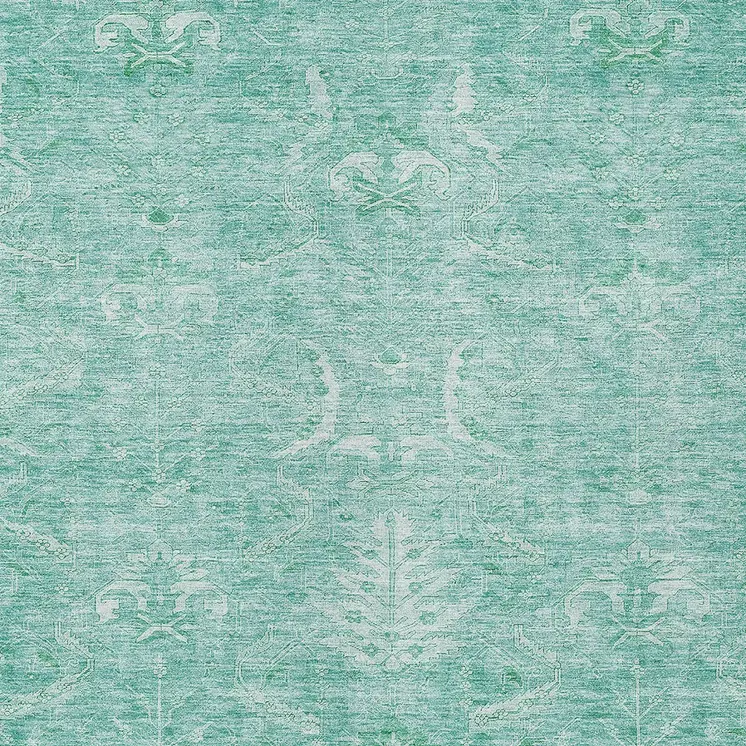 5' X 8' Aqua And Ivory Damask Washable Indoor Outdoor Area Rug
