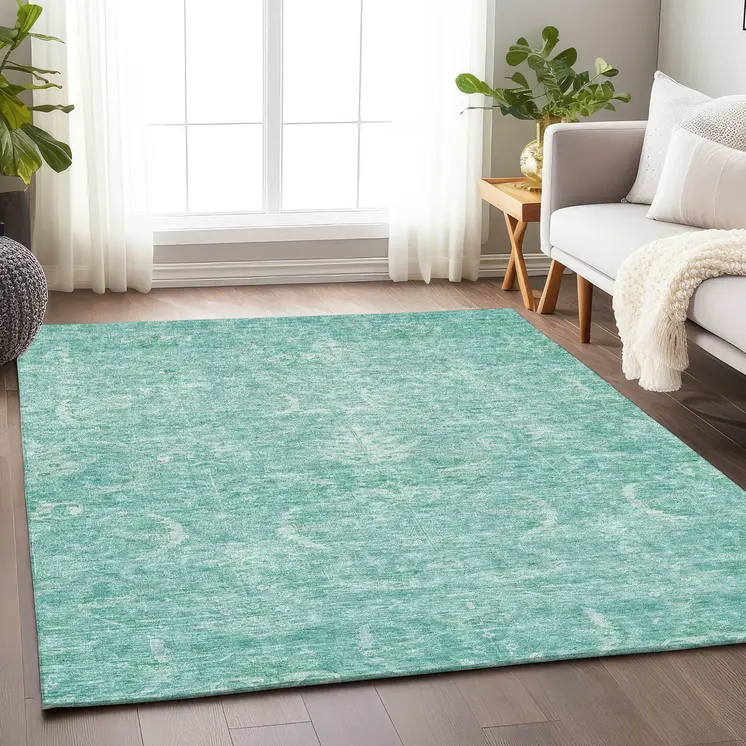 5' X 8' Aqua And Ivory Damask Washable Indoor Outdoor Area Rug