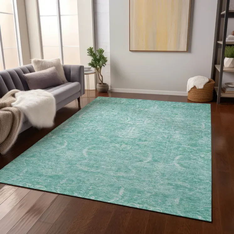 5' X 8' Aqua And Ivory Damask Washable Indoor Outdoor Area Rug