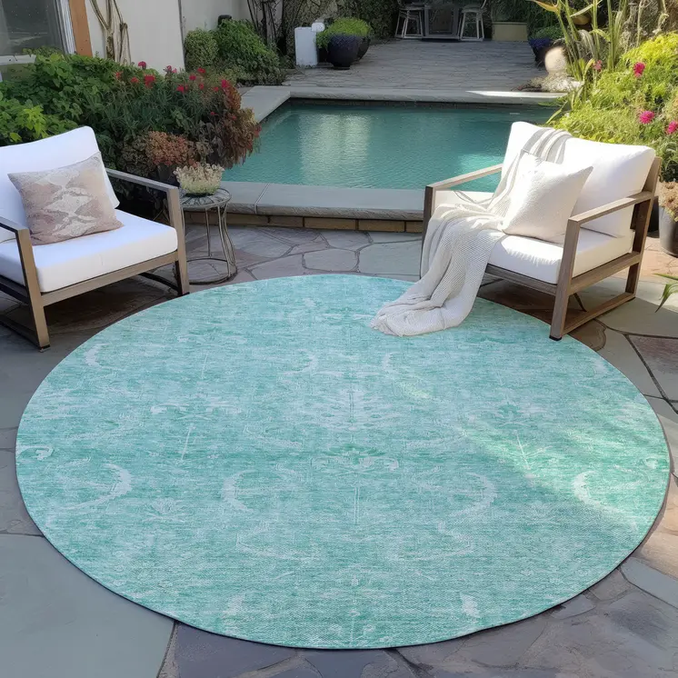 8' Aqua And Ivory Round Damask Washable Indoor Outdoor Area Rug
