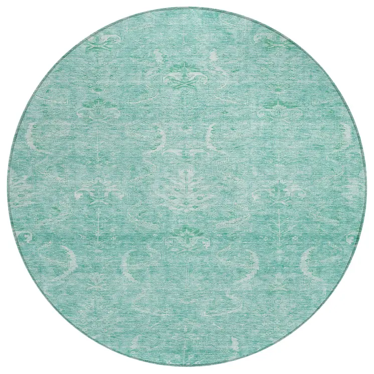 8' Aqua And Ivory Round Damask Washable Indoor Outdoor Area Rug