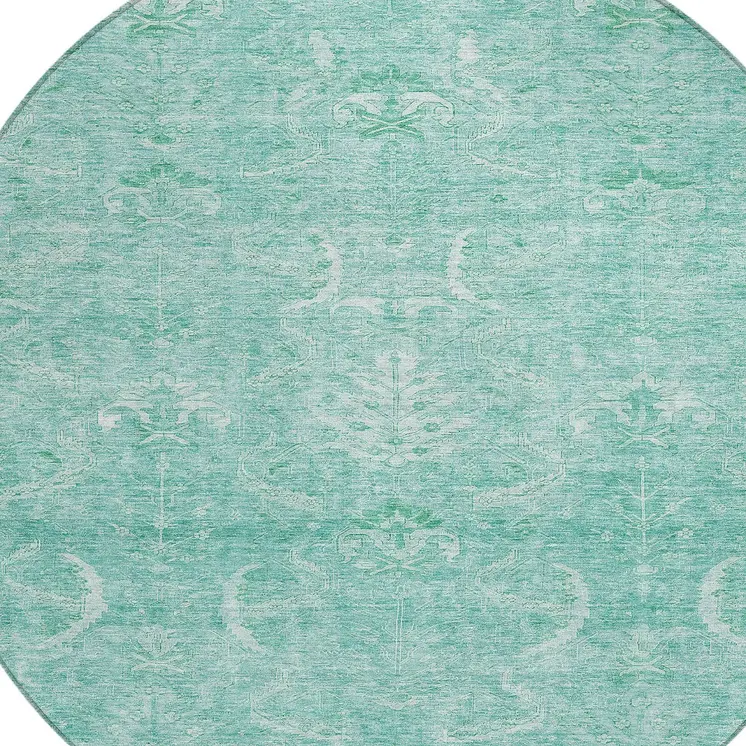 8' Aqua And Ivory Round Damask Washable Indoor Outdoor Area Rug