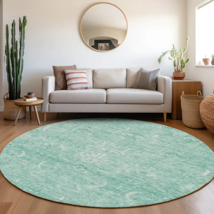 8' Aqua And Ivory Round Damask Washable Indoor Outdoor Area Rug