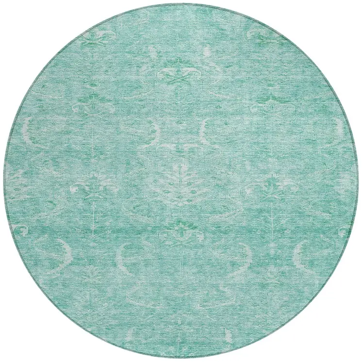 8' Aqua And Ivory Round Damask Washable Indoor Outdoor Area Rug