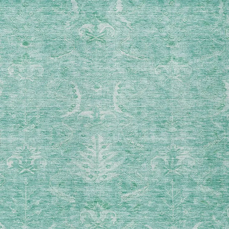 8' X 10' Aqua And Ivory Damask Washable Indoor Outdoor Area Rug