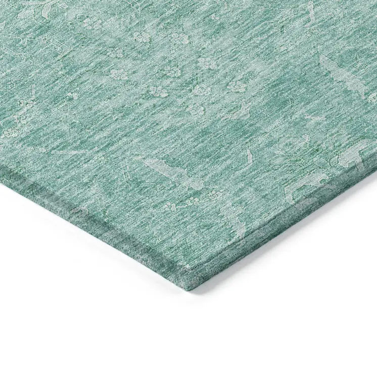 9' X 12' Aqua And Ivory Damask Washable Indoor Outdoor Area Rug