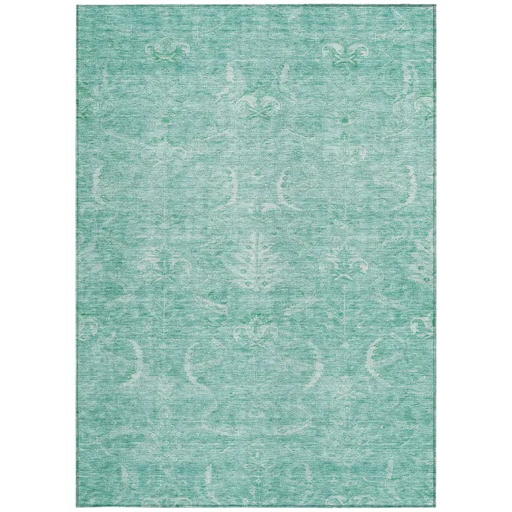 10' X 14' Aqua And Ivory Damask Washable Indoor Outdoor Area Rug