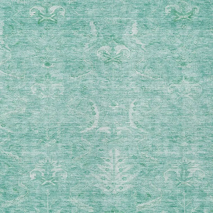10' X 14' Aqua And Ivory Damask Washable Indoor Outdoor Area Rug