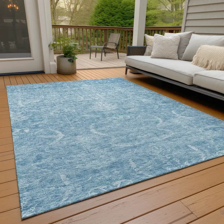 3' X 5' Sky Blue And Ivory Damask Washable Indoor Outdoor Area Rug