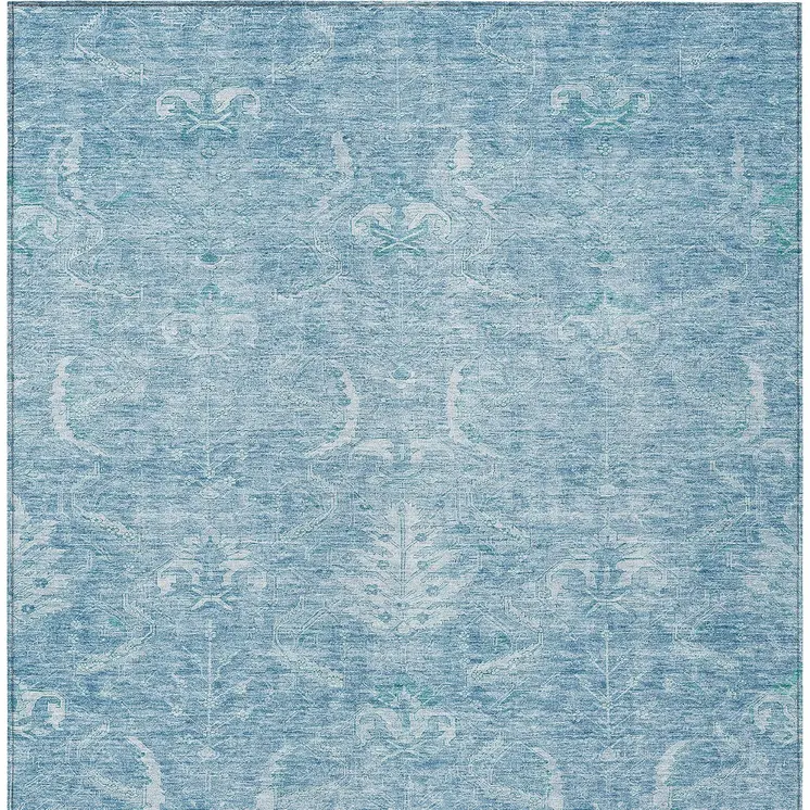 5' X 8' Sky Blue And Ivory Damask Washable Indoor Outdoor Area Rug