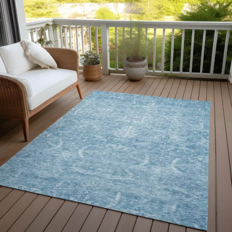 5' X 8' Sky Blue And Ivory Damask Washable Indoor Outdoor Area Rug