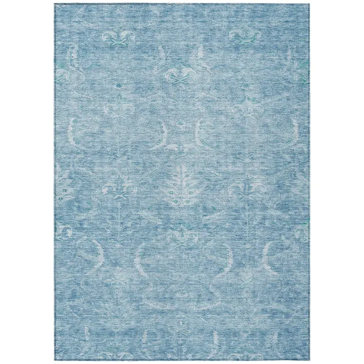 5' X 8' Sky Blue And Ivory Damask Washable Indoor Outdoor Area Rug