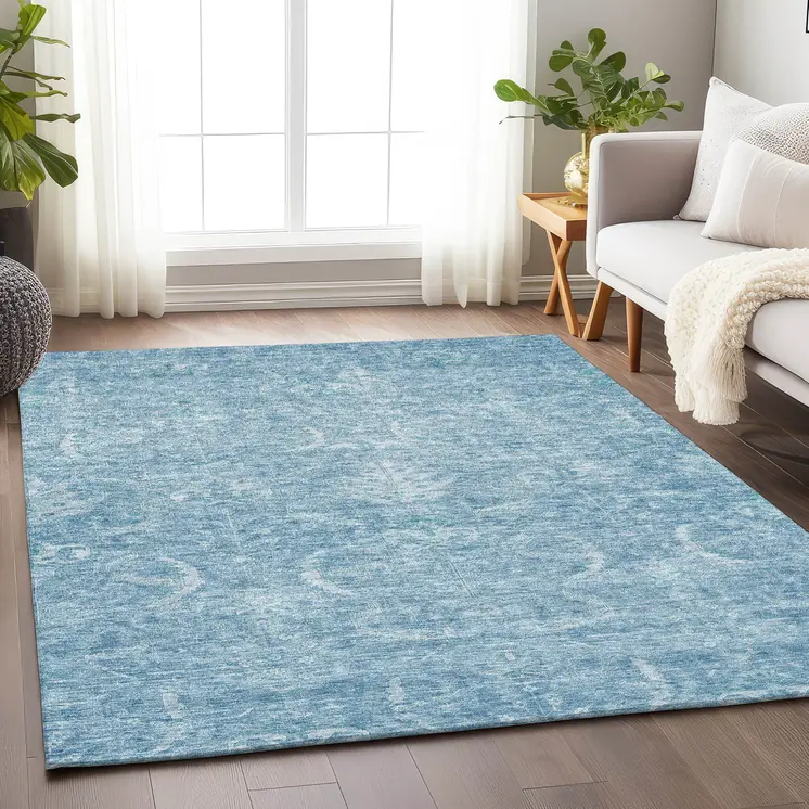 5' X 8' Sky Blue And Ivory Damask Washable Indoor Outdoor Area Rug