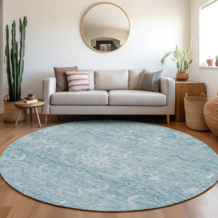 8' Sky Blue And Ivory Round Damask Washable Indoor Outdoor Area Rug