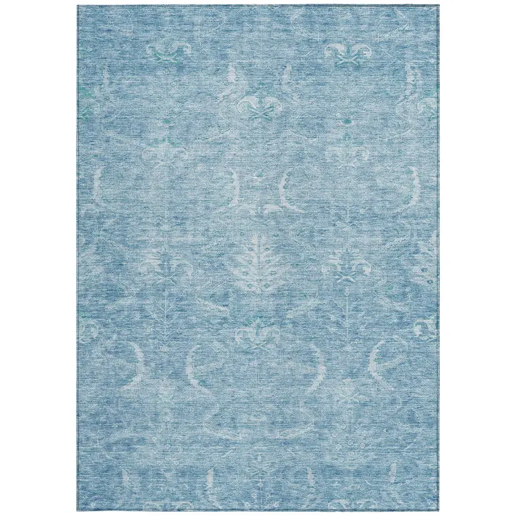 8' X 10' Sky Blue And Ivory Damask Washable Indoor Outdoor Area Rug