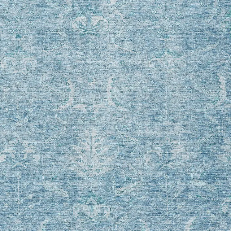 10' X 14' Sky Blue And Ivory Damask Washable Indoor Outdoor Area Rug