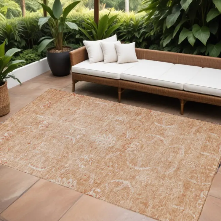 5' X 8' Salmon And Terra Cotta Damask Washable Indoor Outdoor Area Rug