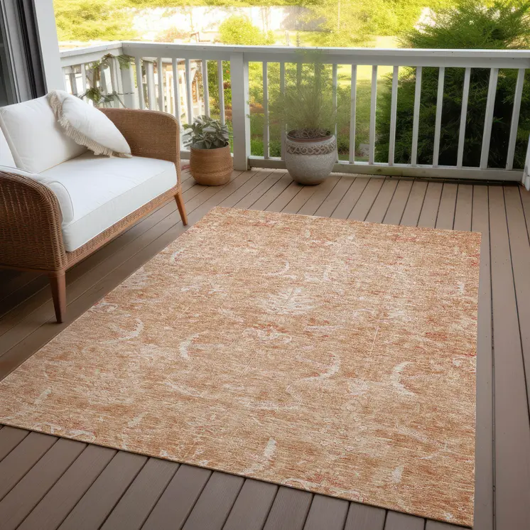 5' X 8' Salmon And Terra Cotta Damask Washable Indoor Outdoor Area Rug