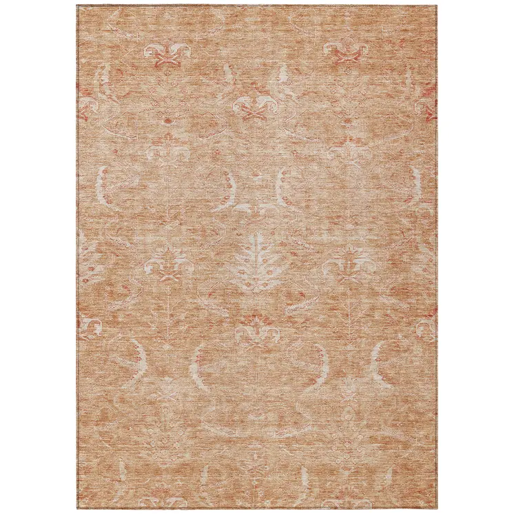 5' X 8' Salmon And Terra Cotta Damask Washable Indoor Outdoor Area Rug